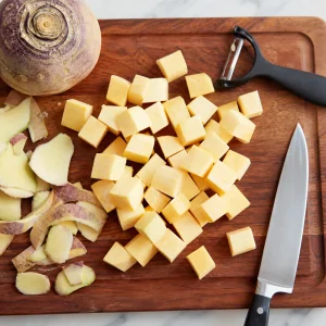 Rutabaga pelata tagliata a cubetti uniformi su un tagliere