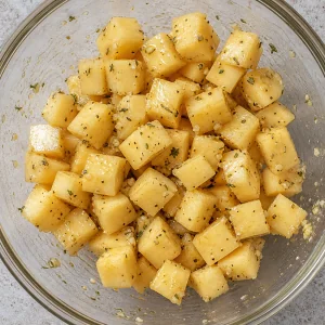 Cubetti di rutabaga mescolati con condimento di acero, aglio e timo