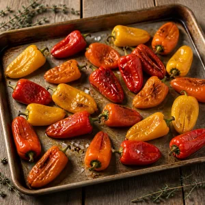 Blasig geroestete Mini-Paprika auf einem Backblech
