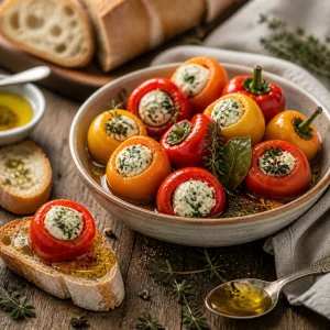Marinierte gefuellte Mini-Paprika mit knusprigem Brot