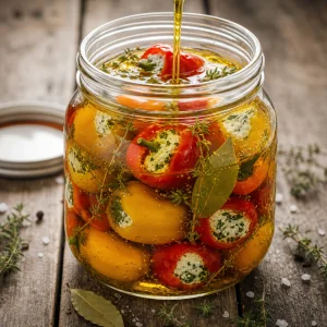 Olivenoel bedeckt gefuellte Mini-Paprika im Glas