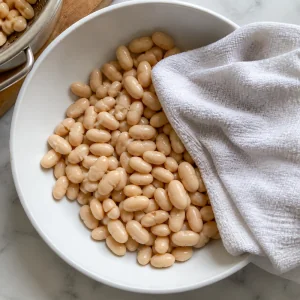 Drained cannellini beans being patted dry in a wide bowl