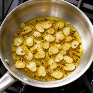 Sliced garlic and red pepper flakes warming in olive oil