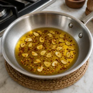 Warm garlic oil cooling off the heat in a small skillet
