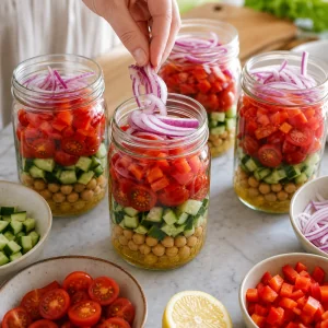 Grao-de-bico pepino tomates pimentao vermelho e cebola roxa em camadas nos potes mason