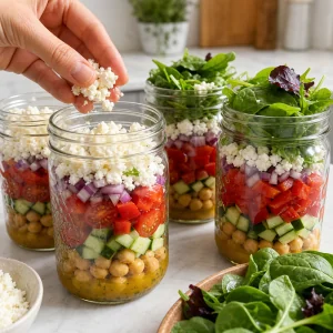 Feta esfarelado e folhas frescas adicionados ao topo das saladas em camadas nos potes