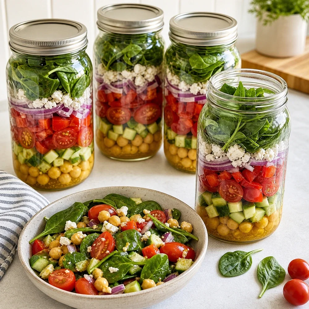 Saladas prontas em potes com vinagrete de limao legumes coloridos grao-de-bico feta e folhas verdes