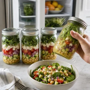 Saladas em potes fechados agitadas com vinagrete de limao e servidas em uma tigela
