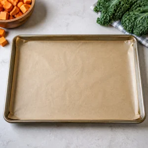 Una teglia rivestita di carta forno pronta per la cottura.
