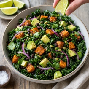 Insalata di cavolo riccio pronta con lime e sale per il servizio.