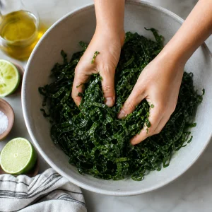 Mani che massaggiano cavolo riccio tagliato in una ciotola grande.