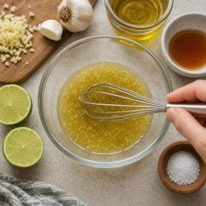 Condimento lime-acero sbattuto in una ciotolina.