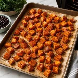 Cubetti di patata dolce arrosto dorati sui bordi.