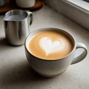 Finished latte with heart-shaped foam art in a ceramic mug