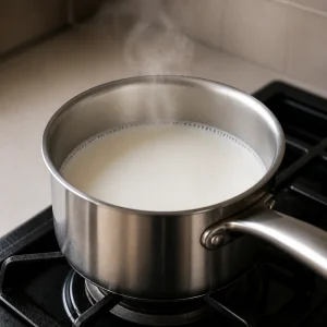 Latte che si scalda in un piccolo pentolino di acciaio