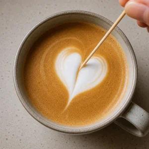 Stuzzicadenti che modella la schiuma bianca a cuore sul latte
