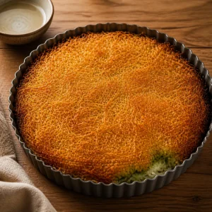 Upieczone knafeh ze zlocistym wierzchem kataifi