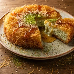 Podane knafeh z matcha, sezamem i ciagnacym serem