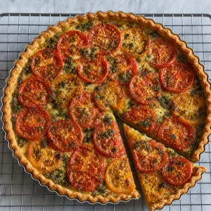 Baked tomato tart cooling with a golden crust