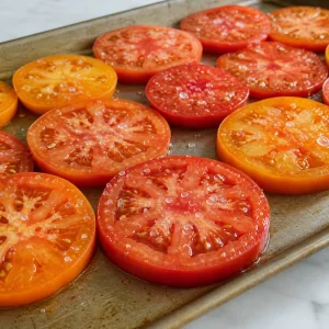 Salted tomato slices resting on a rimmed baking sheet