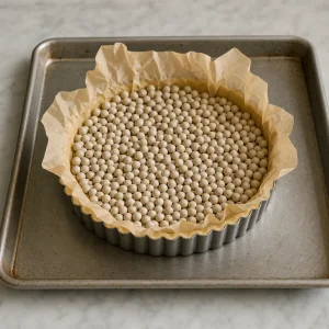 Tart shell lined with parchment and pie weights for blind baking
