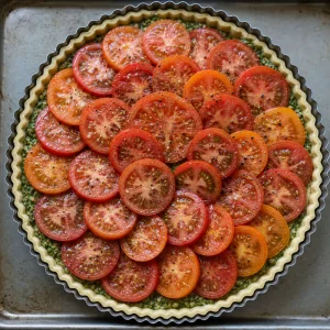 Unbaked tart topped with overlapping tomato slices