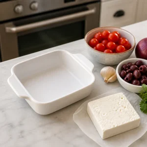 A small baking dish with feta and ingredients ready to use.