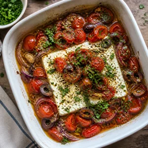 Baked feta sprinkled with parsley and black pepper.