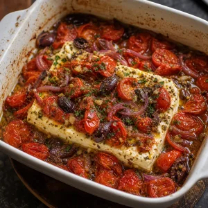 Baked feta with collapsed tomatoes and softened edges.