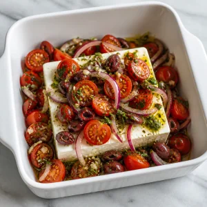 Feta in a baking dish topped with tomato and olive mixture.