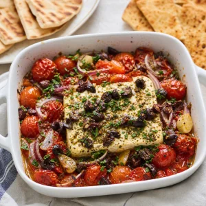 Finished baked feta with tomatoes, olives, herbs, and pita.