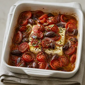 Hot baked feta resting with tomato and olive juices around it.