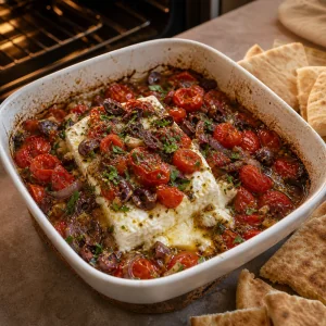 Re-warmed baked feta with soft edges and tomato olive topping.