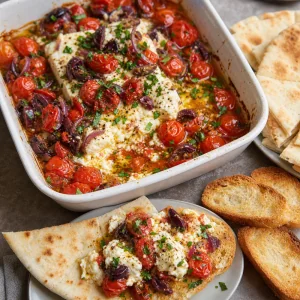 Soft baked feta and tomato olive topping served with bread.