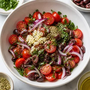 Tomatoes, olives, onion, garlic, herbs, oil, and pepper mixed in a bowl.