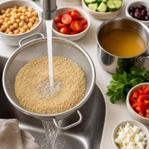 Quinoa rinsing in a fine-mesh sieve