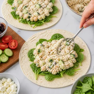 Composto di ceci e feta spalmato sugli spinaci nelle tortillas