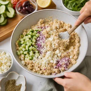 Feta cetriolo e cipolla rossa incorporati al composto cremoso di ceci