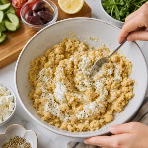 Yogurt greco e condimenti mescolati ai ceci schiacciati
