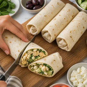 Wrap di ceci e feta arrotolati e tagliati in diagonale per mostrare il ripieno
