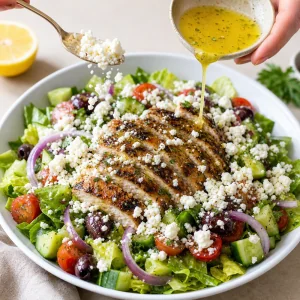 Feta desmenuzado y vinagreta de limón añadidos sobre la ensalada de pollo a la parrilla.