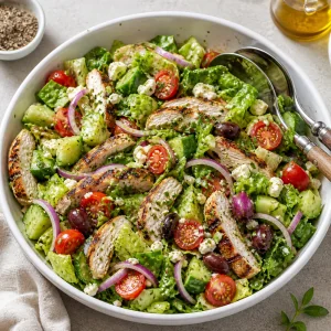 Ensalada griega de pollo terminada, mezclada suavemente y lista para servir.