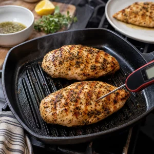Pechugas de pollo marinadas cocinándose en una parrilla hasta quedar doradas con marcas.