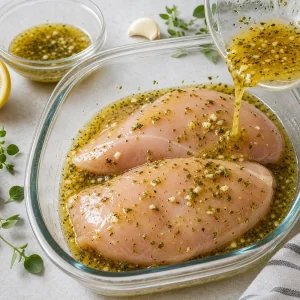 Pechugas de pollo crudas marinándose en aderezo de limón y hierbas en un plato hondo.