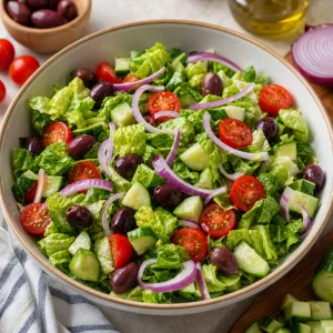 Lechuga romana, pepino, tomates cherry, cebolla roja y aceitunas combinados para la base de la ensalada.