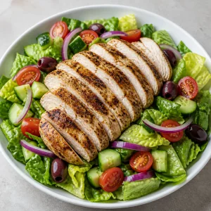 Pollo a la parrilla en tiras colocado sobre las verduras de la ensalada griega.