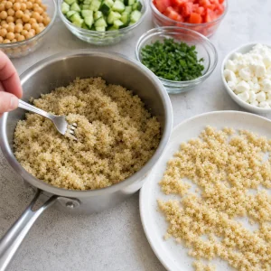Quinoa cotta e soffice sgranata con una forchetta e stesa su un piatto a raffreddare