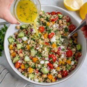 Condimento al limone e olio d oliva versato sull insalata mediterranea di quinoa