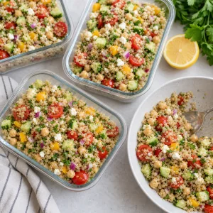 Insalata mediterranea di quinoa divisa in contenitori per meal prep