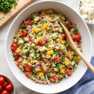 Ingredienti dell insalata di quinoa mescolati in una grande ciotola con ceci e verdure